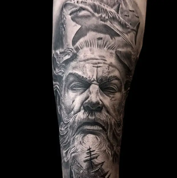 Poseidon tattoo with detailed angry sea elements